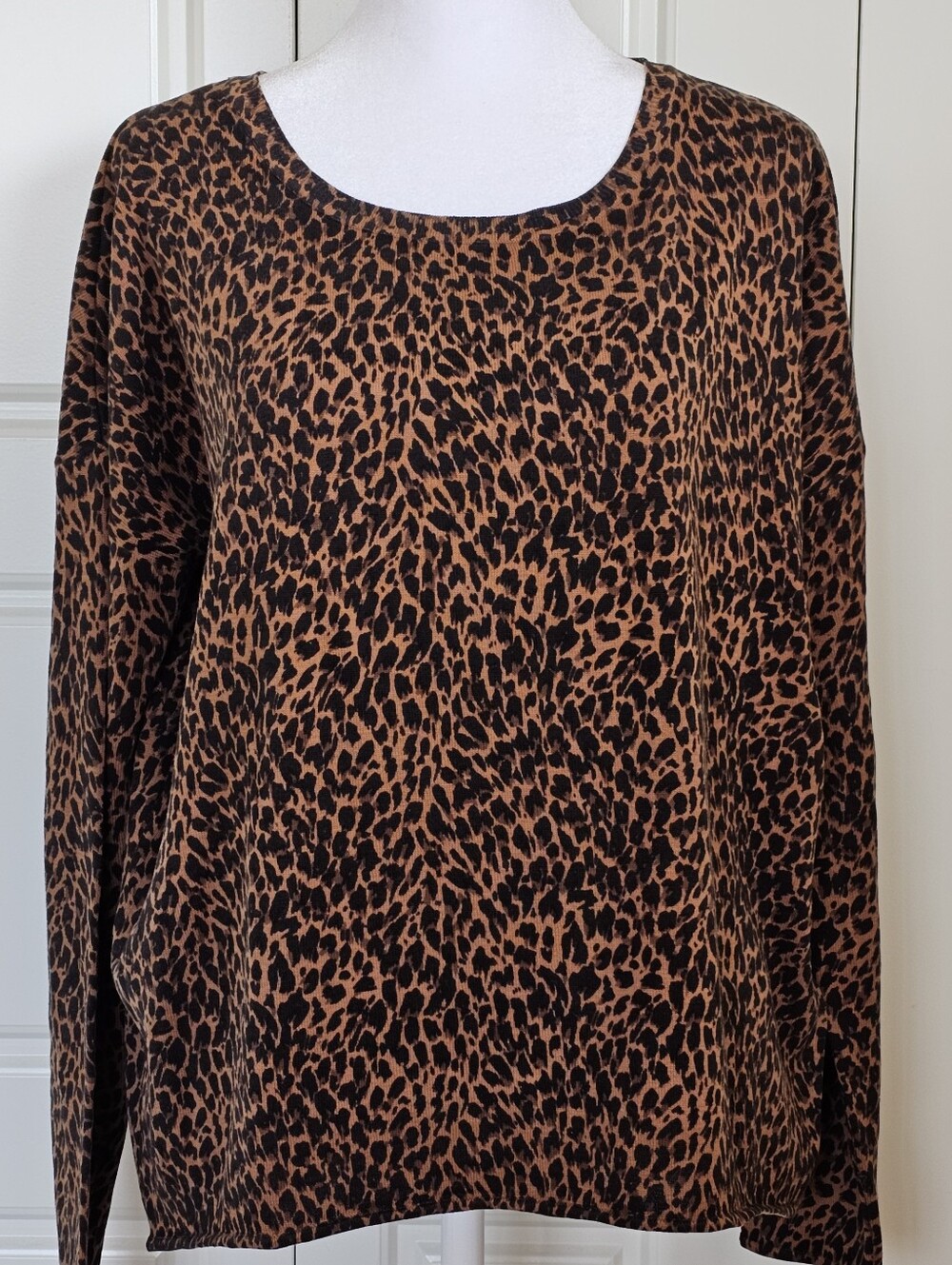 Garnet Hill Silk Cotton Leopard Print Sweater S Brown Black Animal Print